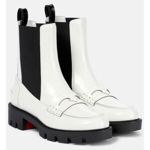 Christian Louboutin Montezu Lug Flat White Black Leather Chelsea Ankle Boot 40